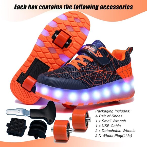 Kids Black/orange Usb Chargeable Led Light Up Wheeled Skate Sneaker Shoes - Picture 3 of 6